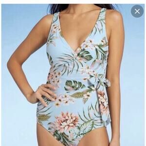 Kona Sol Wrap-Front High Coverage One Piece Swimsuit Women L Tropical Print NWT